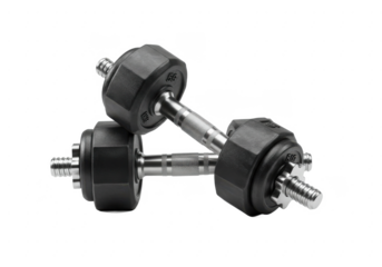 A pair of black gym dumbbells with visible weight markings, resting on a white surface, isolated on a white background