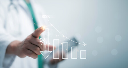 Doctor interacts with medical risk assessment interface, representing healthcare safety, patient security and risk prevention. The futuristic concept highlights advanced healthcare analysis