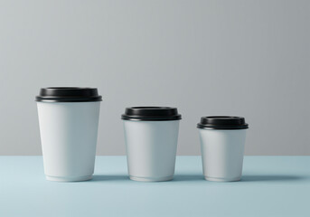Artistic arrangement of large kraft paper coffee cups for takeaway. Minimalist pattern design with eco-friendly disposable drinkware.