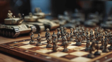 War strategy concept with chess pieces and military tank, created with generative AI technology  

