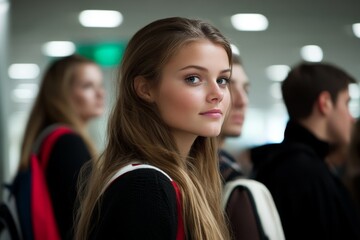 Obraz premium Beautiful young woman with long hair in a crowded modern setting, looking thoughtfully over her shoulder while others are engaged in conversation