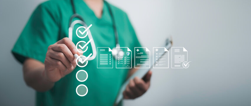 Doctor using a digital checklist for medical document verification. Healthcare compliance digital records, and workflow management concept