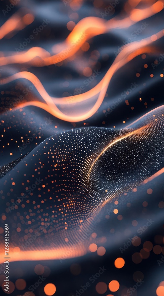 Poster a mesmerizing abstract image showcasing flowing patterns with illuminated particles, creating a drea
