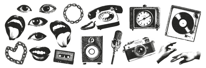 Retro elements with a photocopy effect for creating collages. Vinyl record, cassette, microphone, mouth, eyes, cassette, chain. Vector illustration in a grayscale dot design of punk.