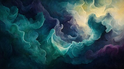 Abstract swirling teal and purple cloudscape glows softly. AI Generated