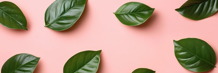 Obraz premium A serene composition featuring green leaves against a soft pastel pink background, creating a fresh and minimalistic aesthetic.