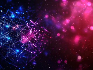 Obraz premium A vibrant abstract background featuring interconnected lines and glowing particles in blue and pink hues, creating a dynamic digital atmosphere.