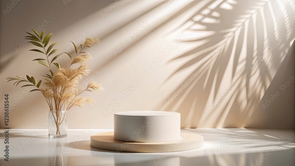 Poster elegant minimalist product display with botanical accents and sunlight shadows