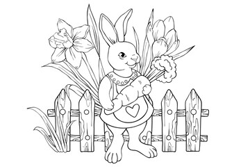 Fototapeta premium Cute Easter bunny with background coloring page for kids. Funny animal outline illustration. Spring flowers, funny rabbit and other Easter elements.
