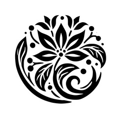 Black and White Floral Design: Elegant Botanical Illustration, Circular Pattern, Monochrome Nature Art