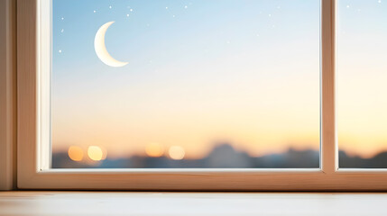 Fototapeta premium Crescent moon visible through cozy window during tranquil sunset, creating peaceful and reflective ambiance. Perfect for Ramadan or serene home decor themes. Selective focus