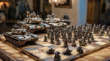 War strategy concept with chess pieces and military tank, created with generative AI technology  
