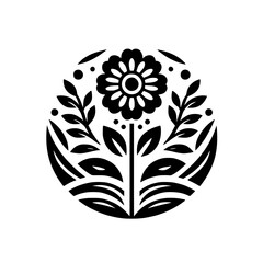 Monochrome Floral Circle: Elegant Black and White Botanical Design.  Perfect for print, home decor, and stylish graphic projects.