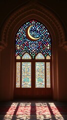 Radiant Crescent Moon Stained Glass Window in Mosque.