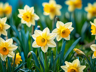 Yellow daffodils in green grass against a light blue background. Realistic photography.