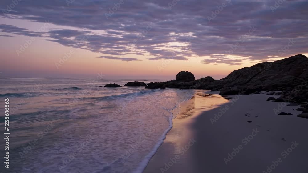 Poster sunset at a serene beach with gentle waves and rocky formations captured in tranquil evening light