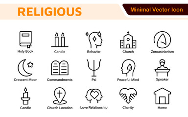 Religious Icon Set. A meaningful collection of icons representing various faiths and beliefs, perfect for enhancing educational materials, spiritual apps, and community outreach initiatives.