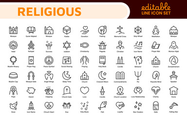 Religious Icon Set. A meaningful collection of icons representing various faiths and beliefs, perfect for enhancing educational materials, spiritual apps, and community outreach initiatives.