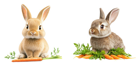Fototapeta premium Two adorable rabbits with soft fur, one tan and one gray, sitting beside fresh carrots and green leaves.