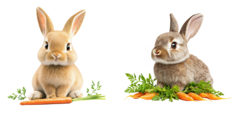 Two adorable rabbits with soft fur, one tan and one gray, sitting beside fresh carrots and green leaves.