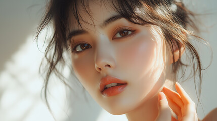 Fototapeta premium Young Asian woman with natural makeup embracing sunlight in a softly lit environment
