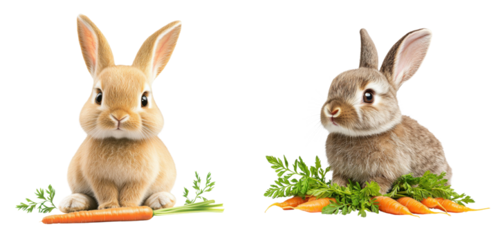 Two adorable rabbits with soft fur, one tan and one gray, sitting beside fresh carrots and green leaves.