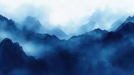 Obraz premium Deep Blue Watercolor Landscape Abstract Painting Soft Organic Shapes Ocean Waves Fog Haze