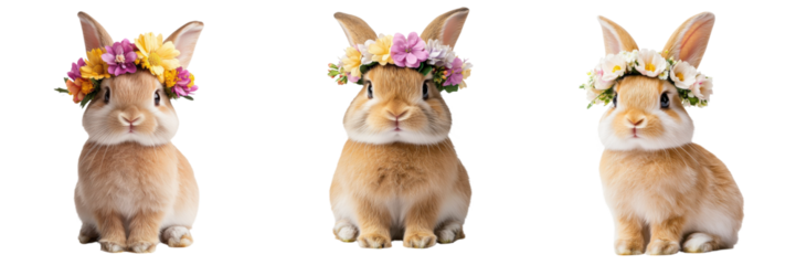 A trio of cute rabbits adorned with colorful floral crowns, each displaying a charming, playful expression.