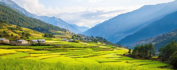 Mountain village nature concept. Vibrant green rice terraces nestled in a stunning mountainous landscape.