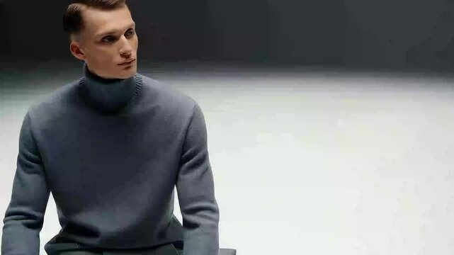 Male model in casual turtleneck and chinos seated on stool, gazing thoughtfully in studio