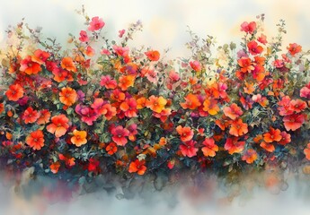Watercolor painting of a vibrant, dense border of red and orange flowers with green foliage against a soft, light background. The artwork features a