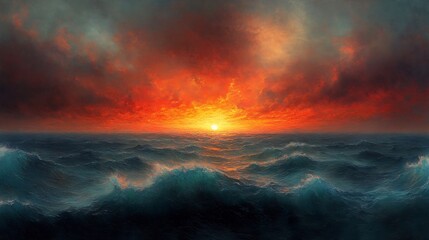 Fototapeta premium Fiery sunset dramatically lights stormy ocean waves. AI Generated