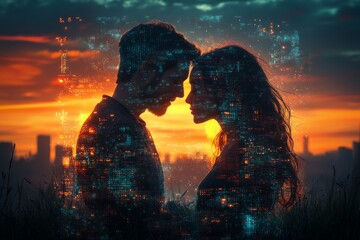 Silhouetted Couple Facing Each Other At Sunset, Overlaid With A Cityscape.