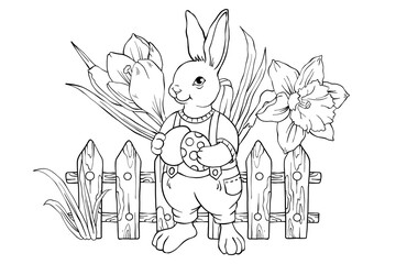 Cute Easter bunny with background coloring page for kids. Funny animal outline illustration. Spring flowers, funny rabbit, daffodils, easter eggs and other Easter elements.