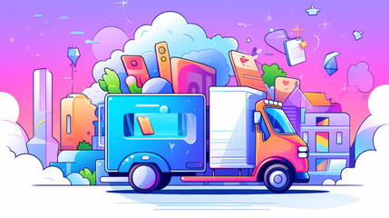 Fototapeta premium Creative moving truck illustration digital art colorful environment whimsical style
