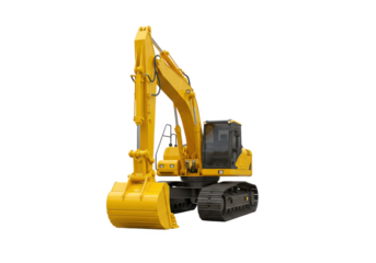 A yellow industrial excavator with visible details like tracks and boom, isolated on a white background