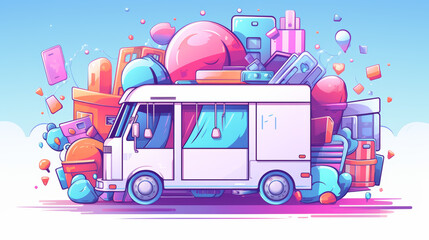 Fototapeta premium Creative food truck festival in vibrant cityscape colorful art style playful atmosphere