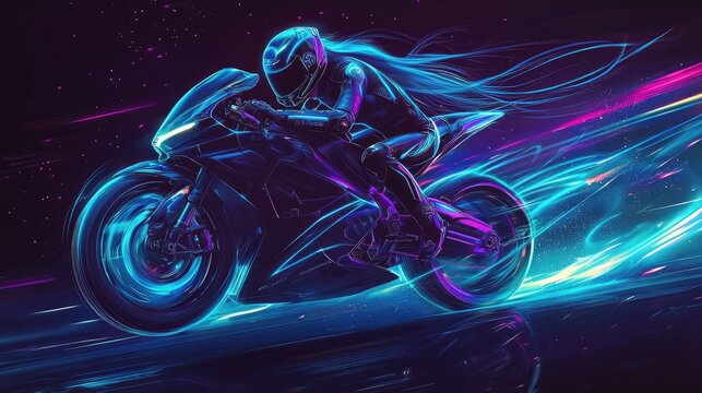 futuristic motorcyclist races at breakneck speed, leaving a brilliant trail of neon light