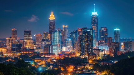 Atlanta City Skyline Night View Illuminating Buildings