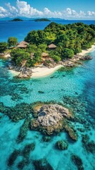 Fototapeta premium Crystal clear blue waters gently lap against a sandy beach lined with tropical trees, providing a serene escape on a sunlit island