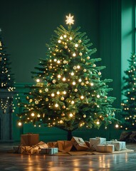 Green classic holiday tree with softly twinkling lights abstract Christmas tree concept background