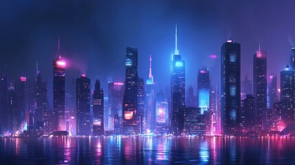 Fototapeta premium Neon Cityscape Skyline Reflecting in Water at Night