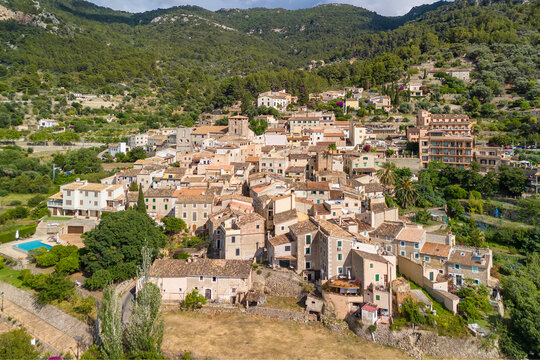 Aerial view of the picturesque Spanish town Estellencs, Mallorca, Spain. 