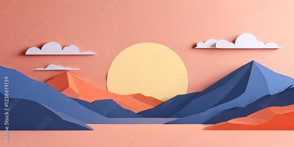 Poster a mountain range with a lake in the foreground and a sun in the background