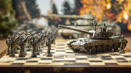 War strategy concept with chess pieces and military tank, created with generative AI technology  
