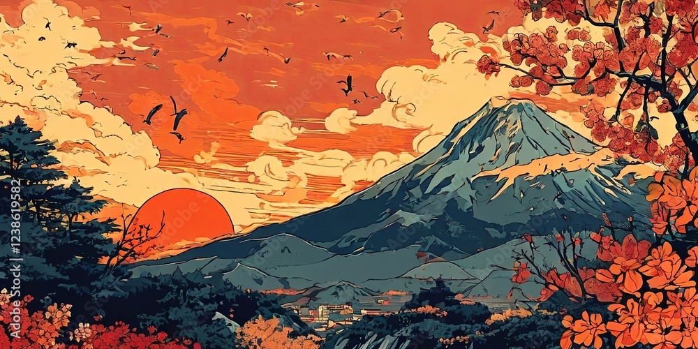 Poster a mountain range with a sunset in the background