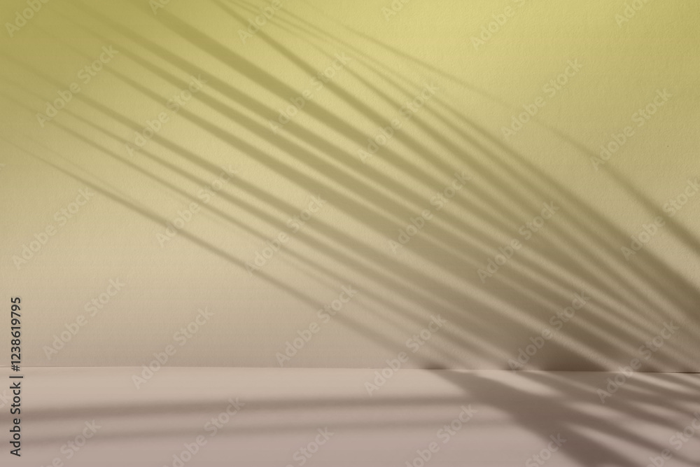 Poster Abstract khaki color gradient studio background for product presentation. Empty room with shadows of window and palm leaves . 3d olive room with copy space. Summer concept. Blurred backdrop.