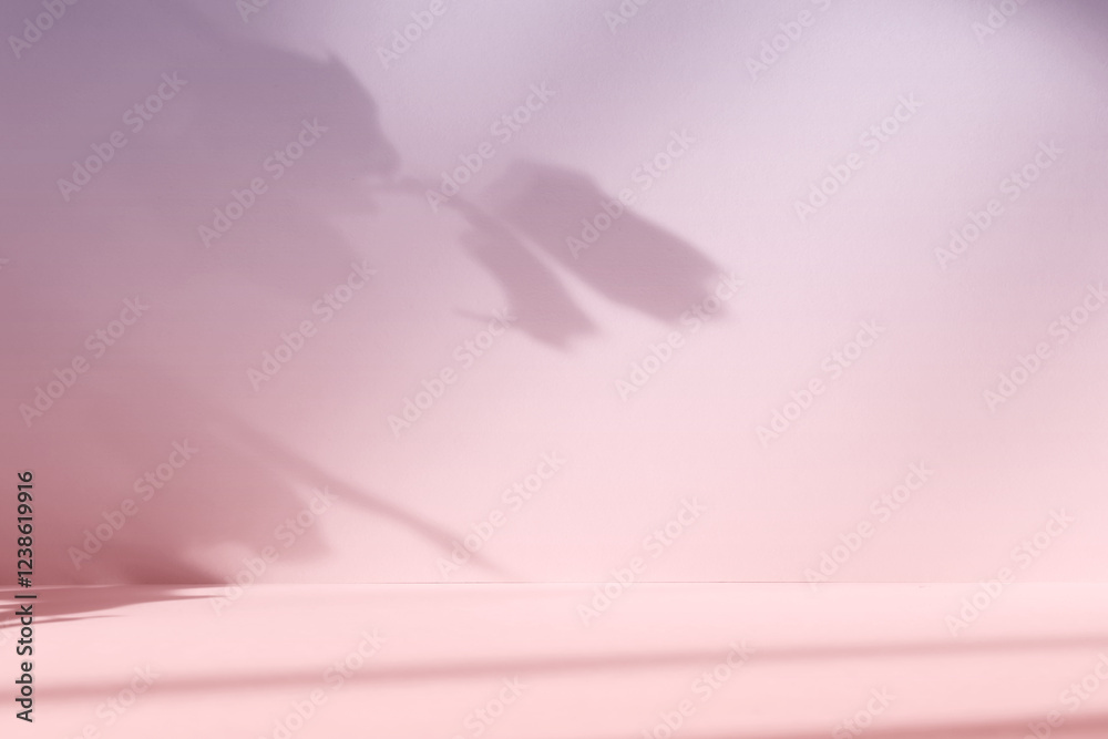Poster Abstract pink color gradient studio background for product presentation. Empty room with shadows of window and flowers and plant leaves . 3d purple room with copy space. Blurred backdrop.