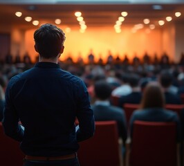 Fototapeta premium Engaging Speaker at Business Conference with Audience in Modern Seminar Setting