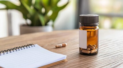 Bottled Capsules on Wooden Surface with Notepad and Green Plant